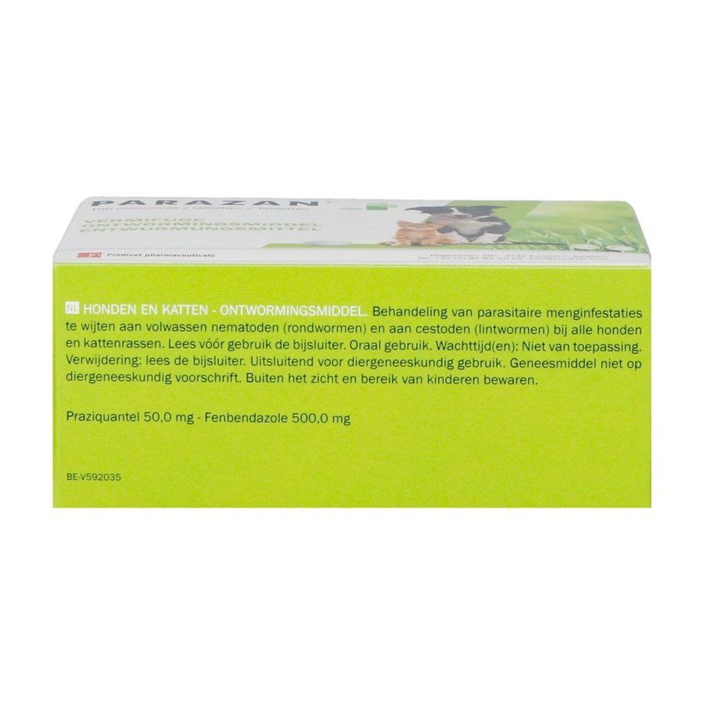 Achterkant van de Parazan®-verpakking. Tekst in het Nederlands. Bevat informatie over het gebruik.