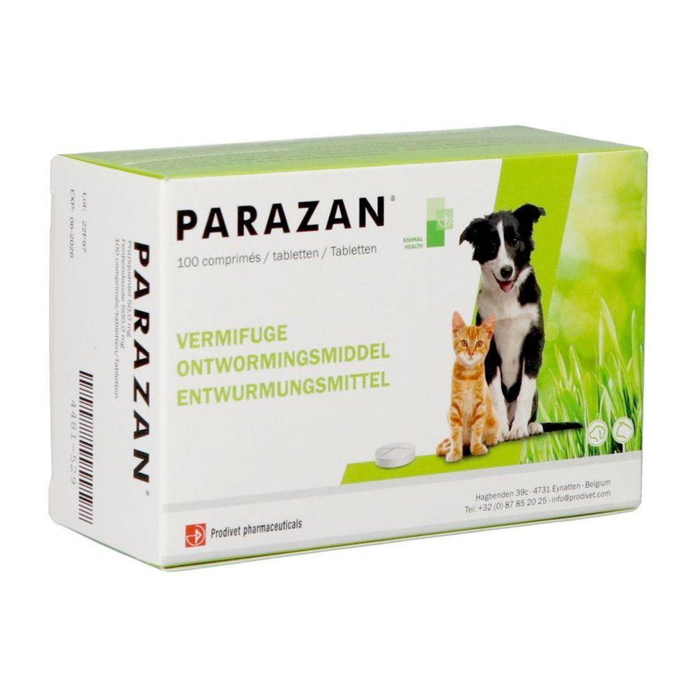 Parazan®-verpakking. Groen-witte doos met logo, tekst en afbeeldingen van hond en kat. Bevat tabletten.