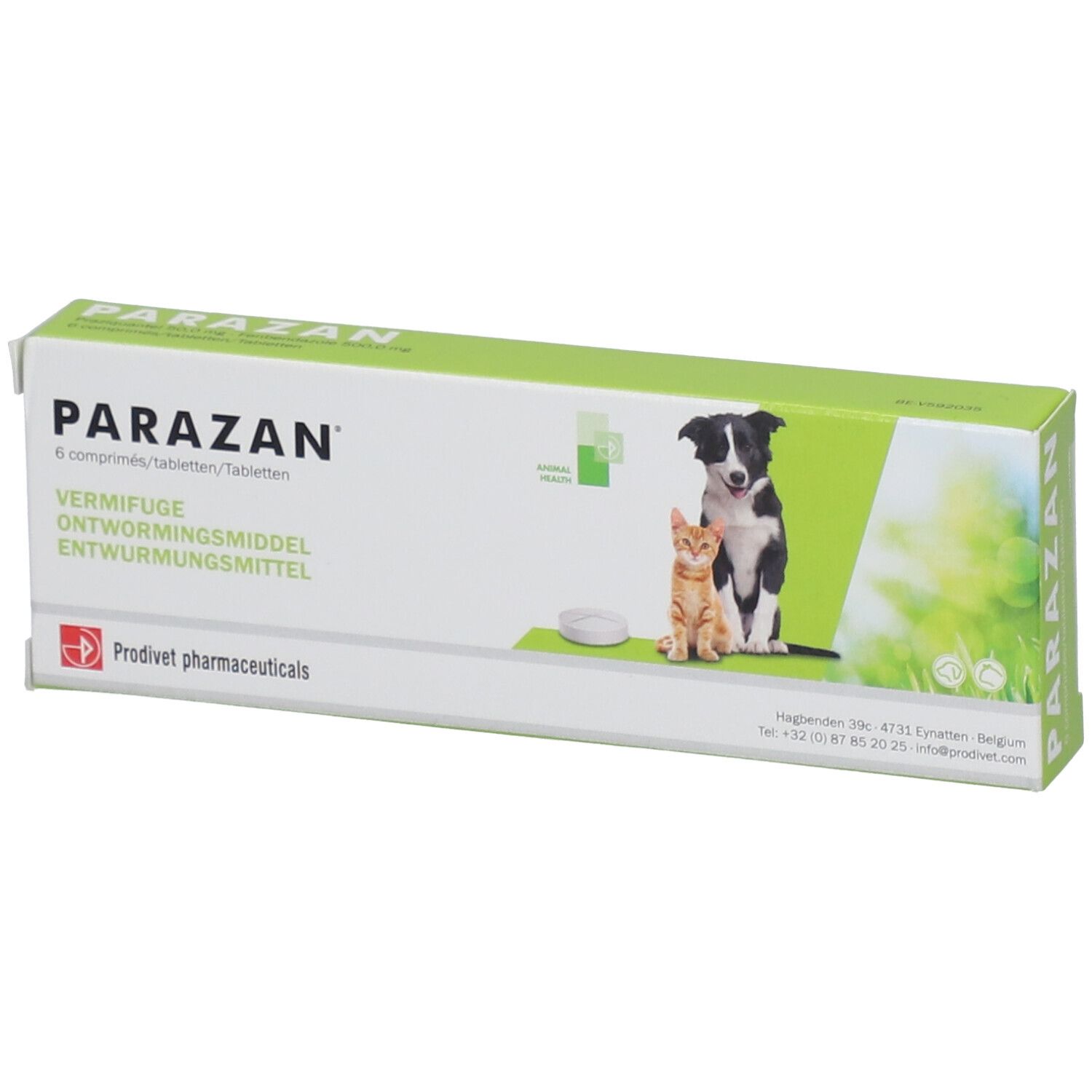 Doos "Parazan" met hond en kat. Opschrift "Vermifuge, Entwurmungsmittel". Logo Predivet pharmaceuticals.