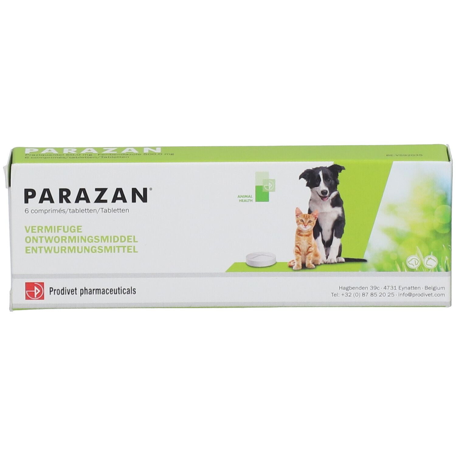 Doos "Parazan" met hond en kat. Opschrift "Vermifuge, Entwurmungsmittel". Logo Predivet pharmaceuticals.