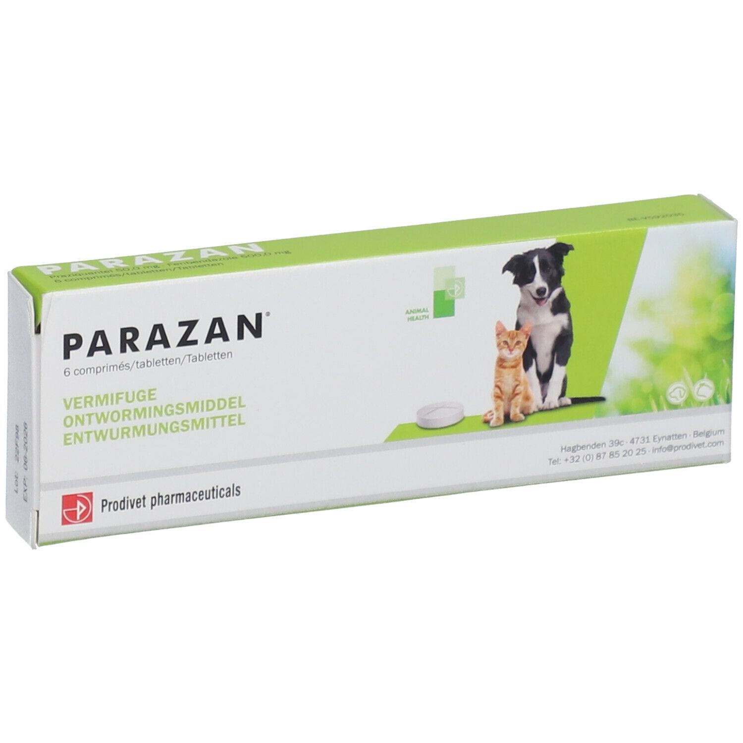 Doos "Parazan" met hond en kat. Opschrift "Vermifuge, Entwurmungsmittel". Logo Predivet pharmaceuticals.