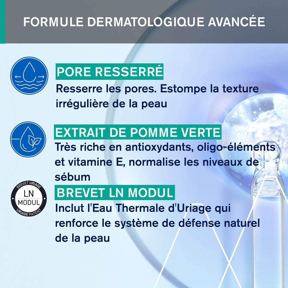 Graphique avec textes: Testé dermatologiquement et ophtalmologiquement, adapté aux peaux mixtes à grasses.