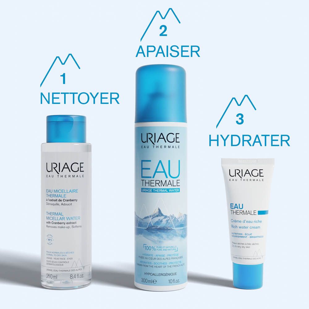 Trois produits. 1. Nettoyer. 2. Apaiser. 3. Hydrater. Produits Uriage Eau Thermale.