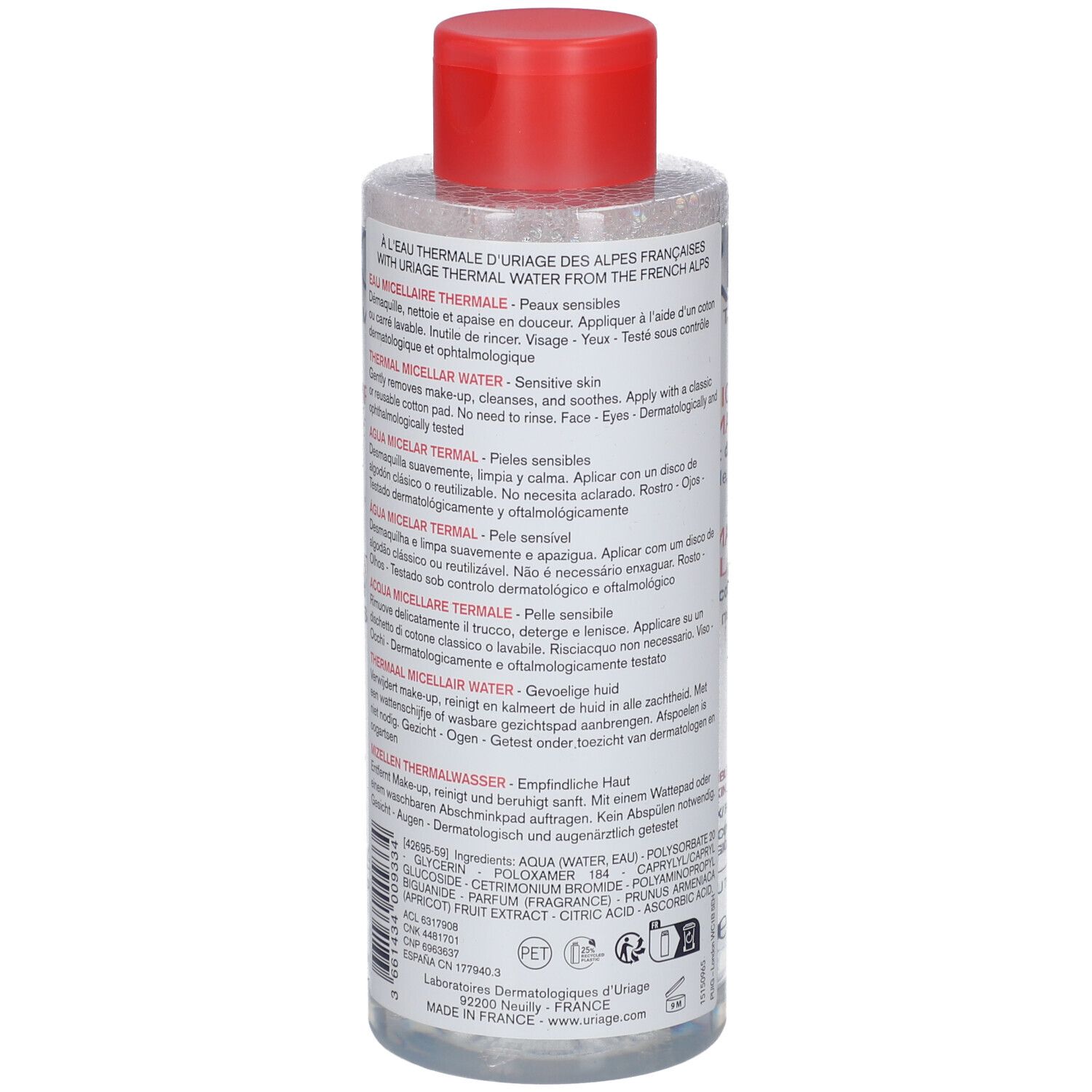 Flacon transparent, bouchon rouge. Inscription: Uriage Eau Micellaire Thermale. Extrait d'abricot. Pour peaux sensibles.