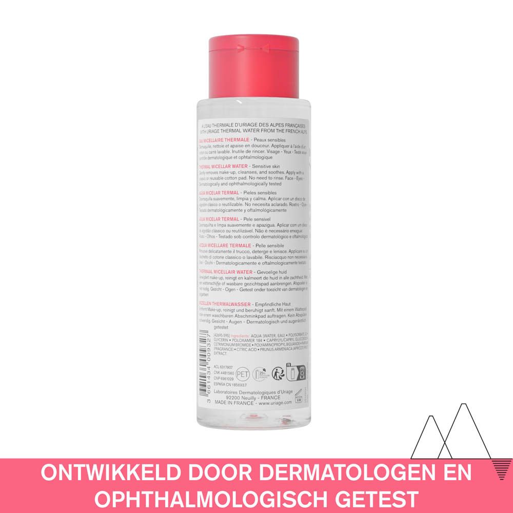 Uriage Eau Micellaire Thermale fles. Achterkant met productinfo. Rode dop.