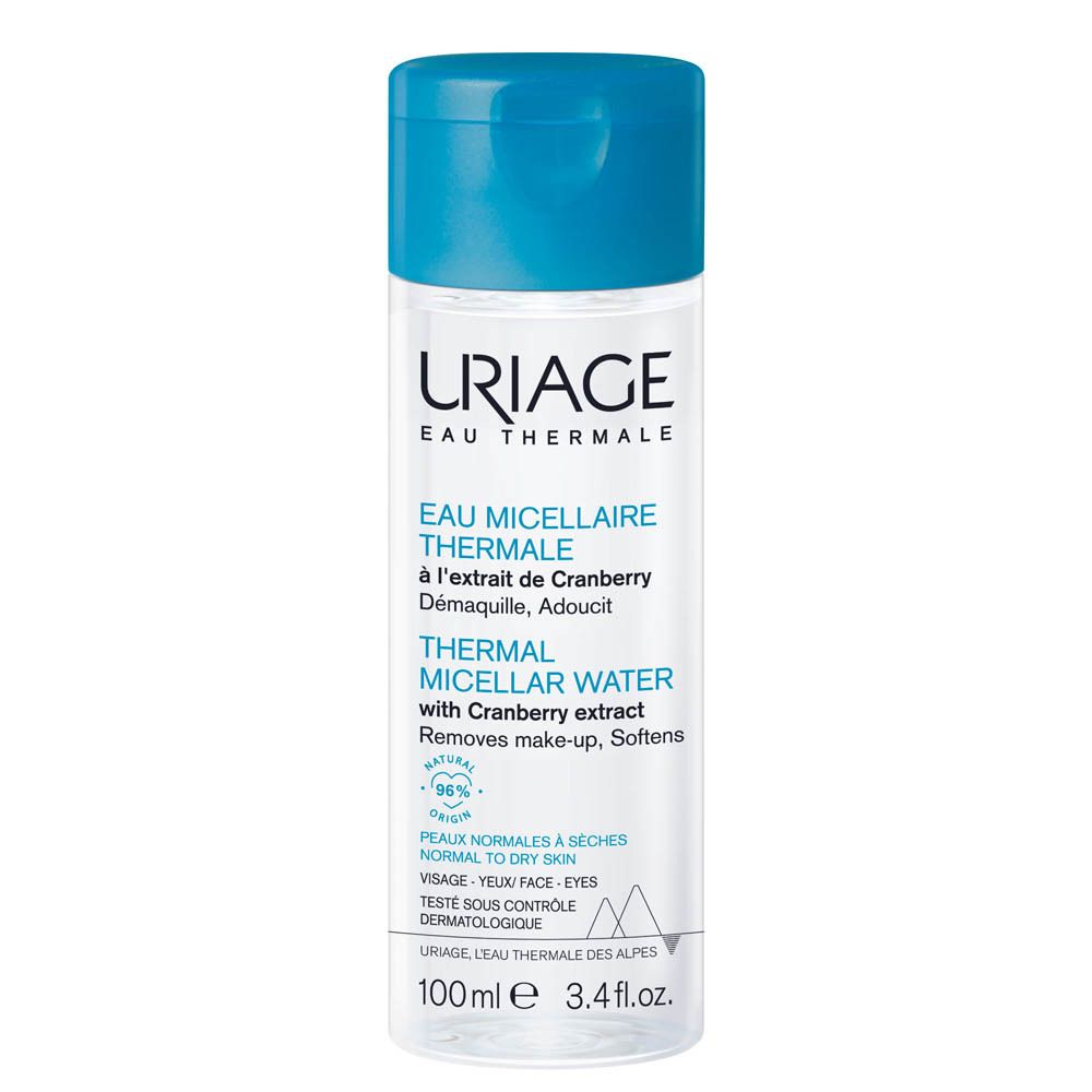 Transparante fles met blauwe dop. Opschrift: URIAGE Eau Thermale. Productnaam en ingrediënten.