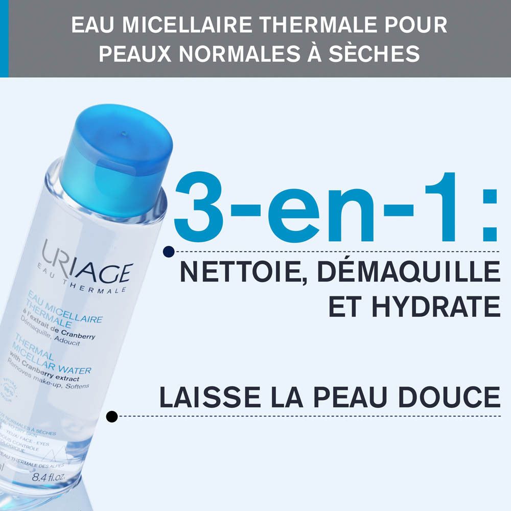 Flacon avec bouchon bleu. Texte: Eau Micellaire Thermale. 3-en-1: nettoie, démaquille et hydrate.