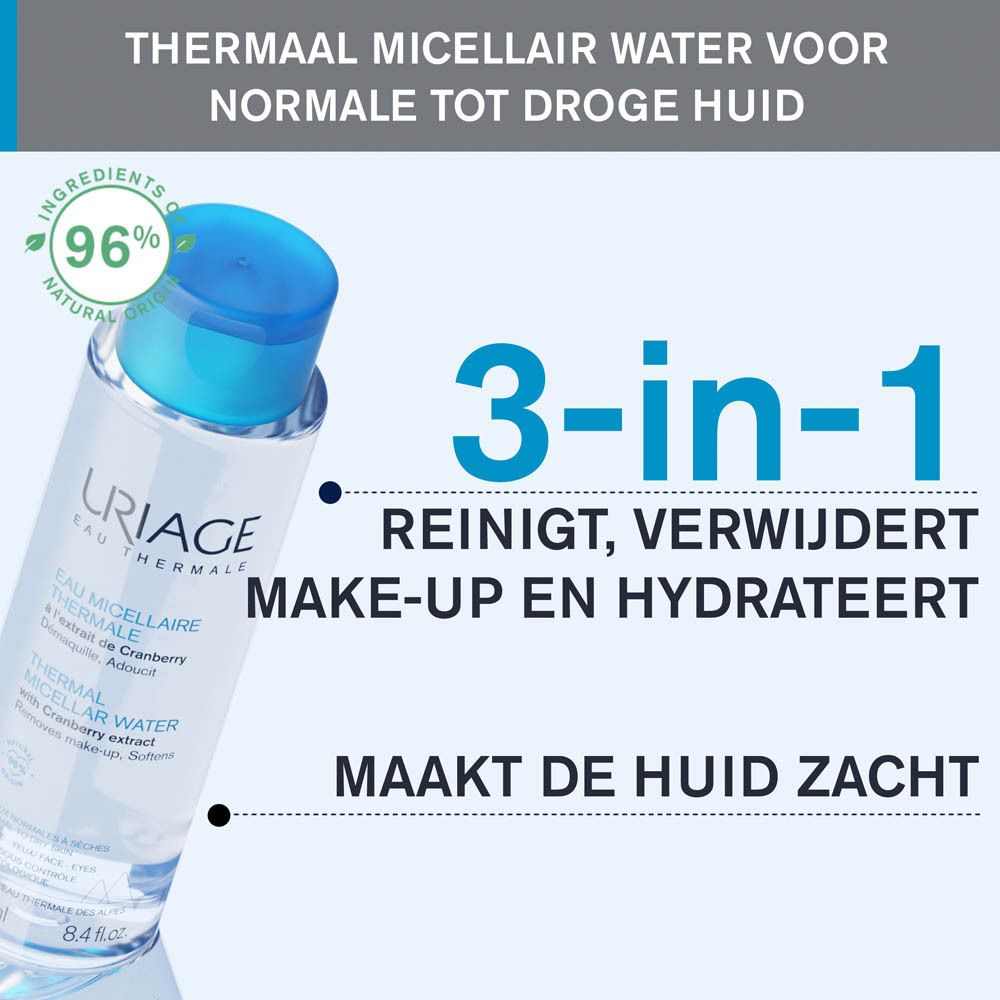 Fles met blauwe dop. Tekst: Thermaal Micellair Water. 3-in-1: reinigt, verwijdert make-up en hydrateert.