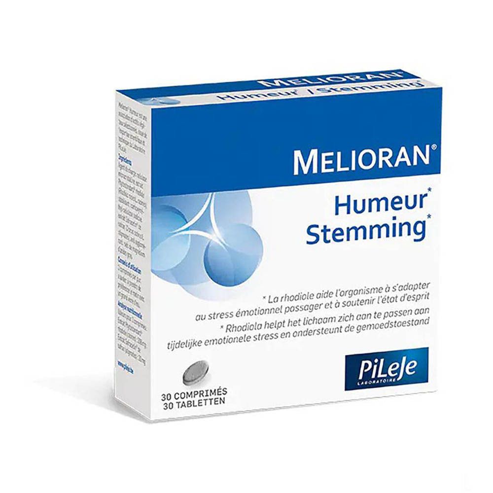 PiLeJe Melioran doos. Blauw-witte verpakking met productnaam en informatie. 30 tabletten.