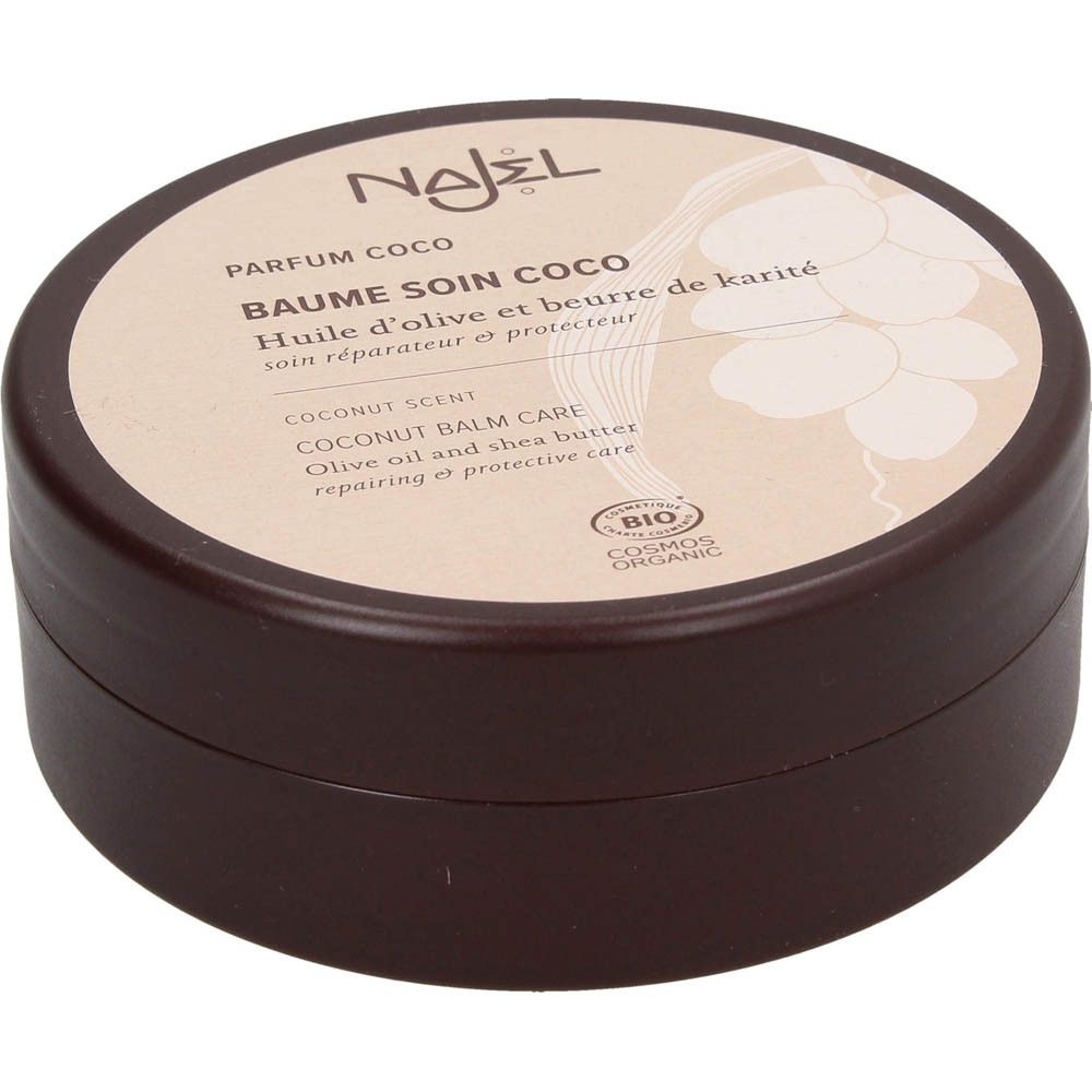 Bruine pot met bruin deksel. Opschrift: Parfum Coco, Baume Soin Coco. Bio-certificering.