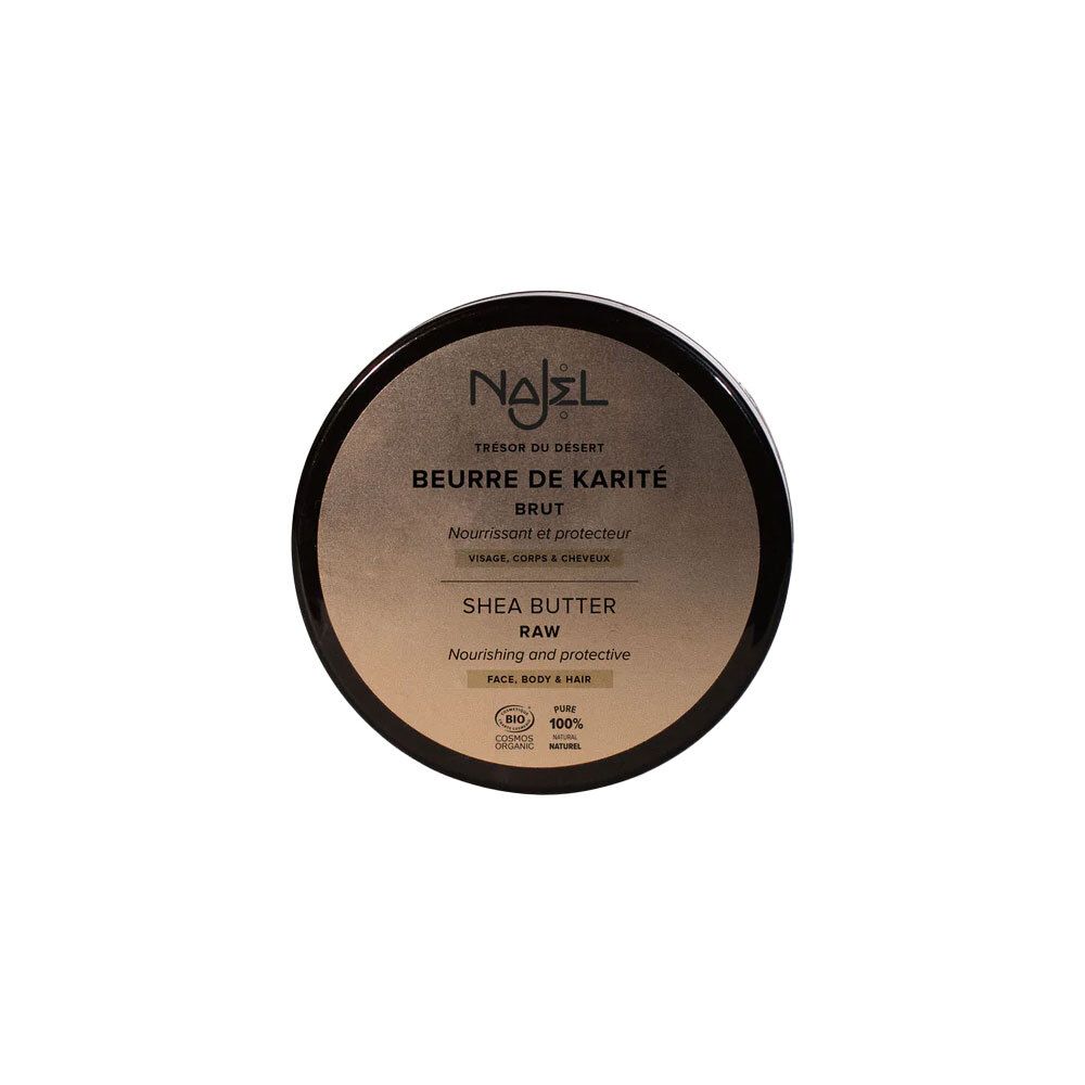 Ronde pot met bruin deksel. Opschriften: Najel, Beurre de Karité, Shea Butter, Nourrissant et Protecteur. Bovenaanzicht.