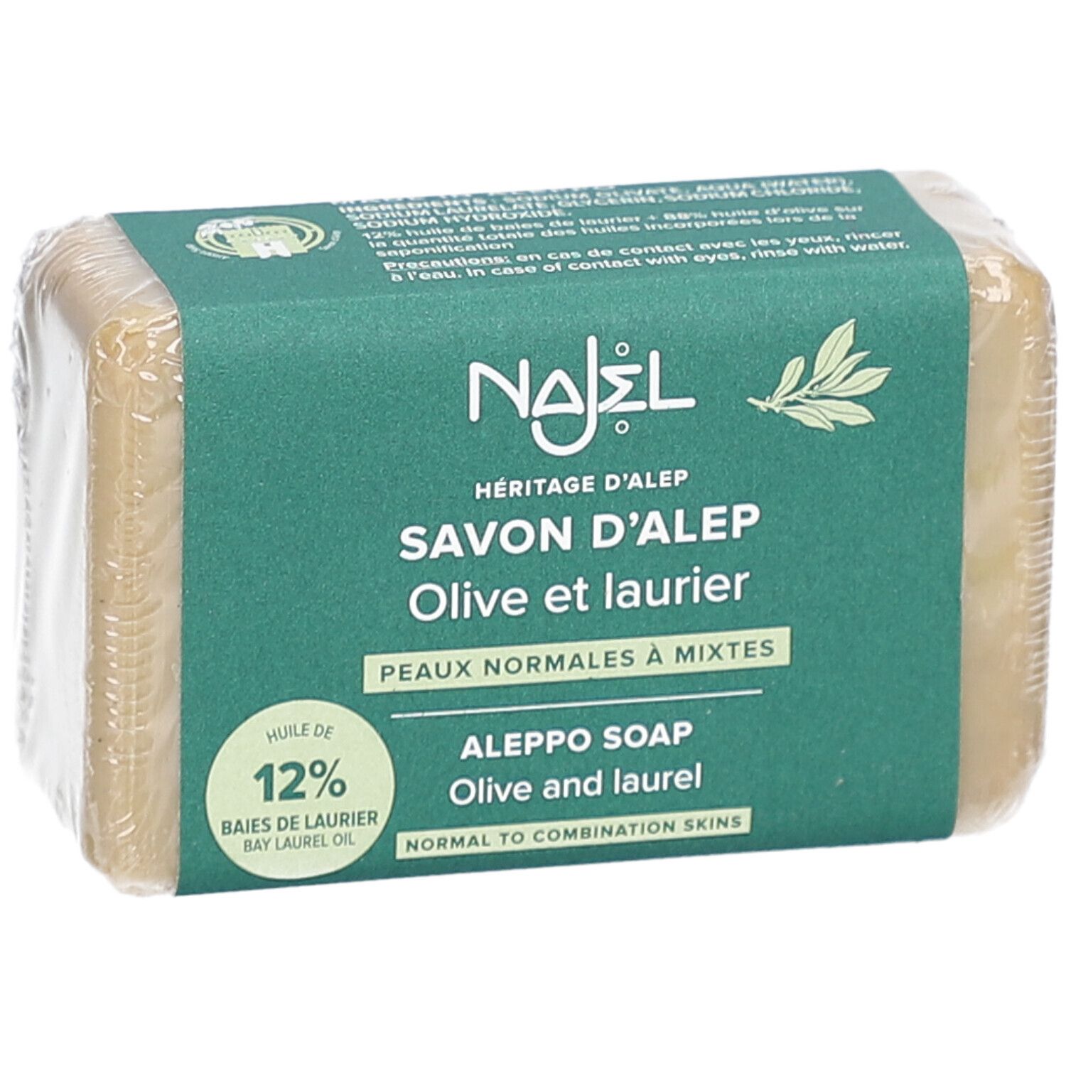 Zeep in groene verpakking. Opschrift: Najel, Savon d'Alep Olive et Laurier, Peaux normales à mixtes. 12% Baies de Laurier.