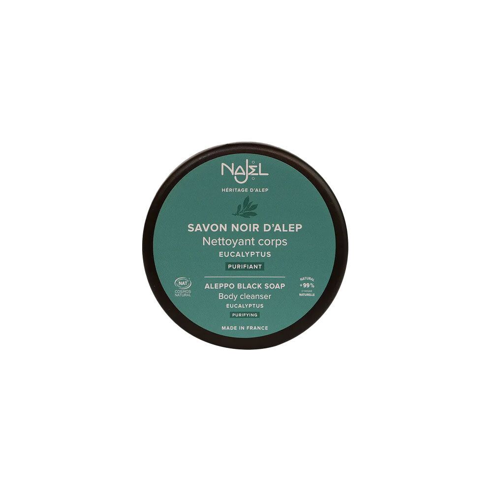 Pot vu de dessus. Texte: Savon Noir d'Alep, Eucalyptus, Aleppo Black Soap, Purifiant, Made in France.