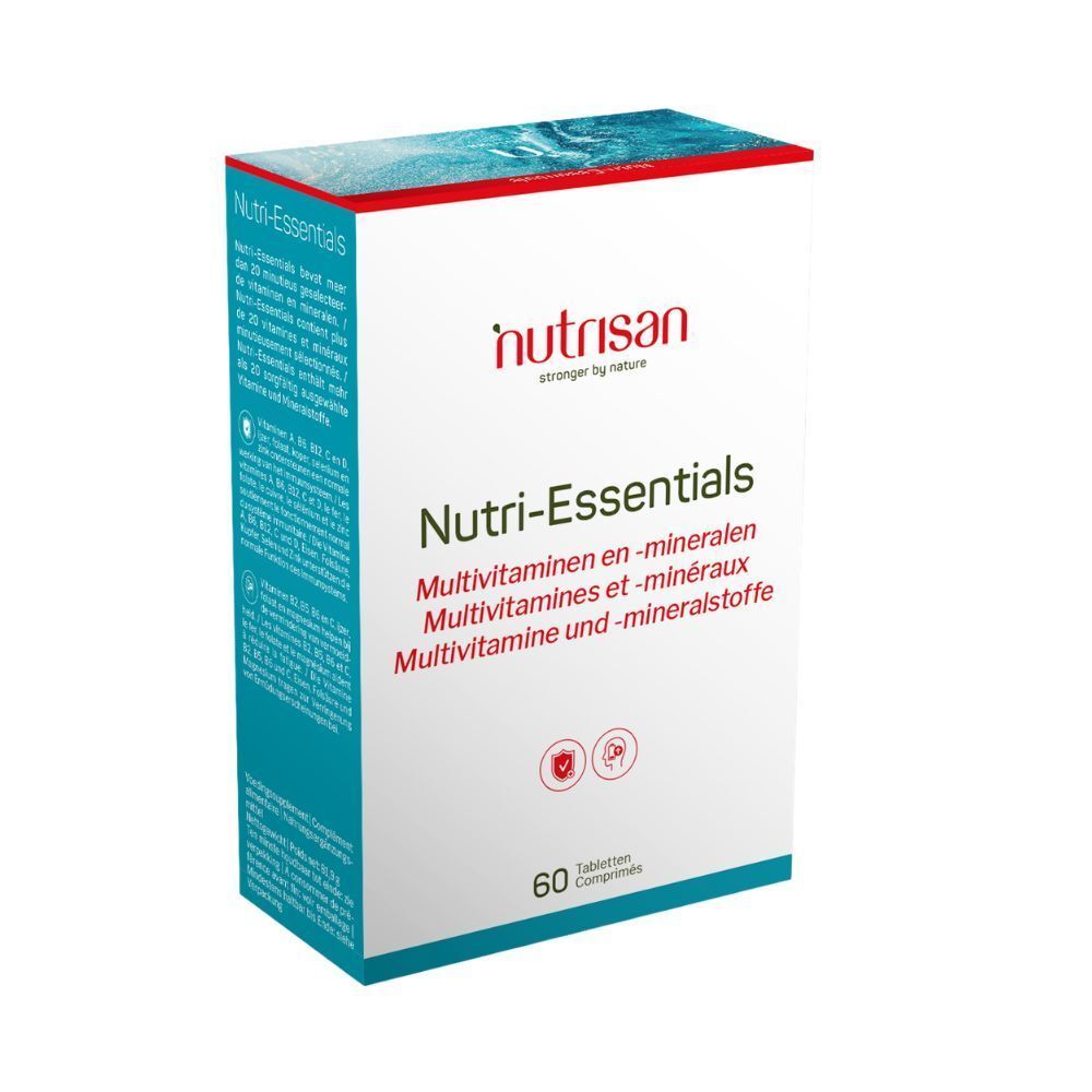 Boîte Nutrisan Nutri-Essentials. Inscription : Multivitamines et minéraux. 60 comprimés. Emballage rouge et blanc.