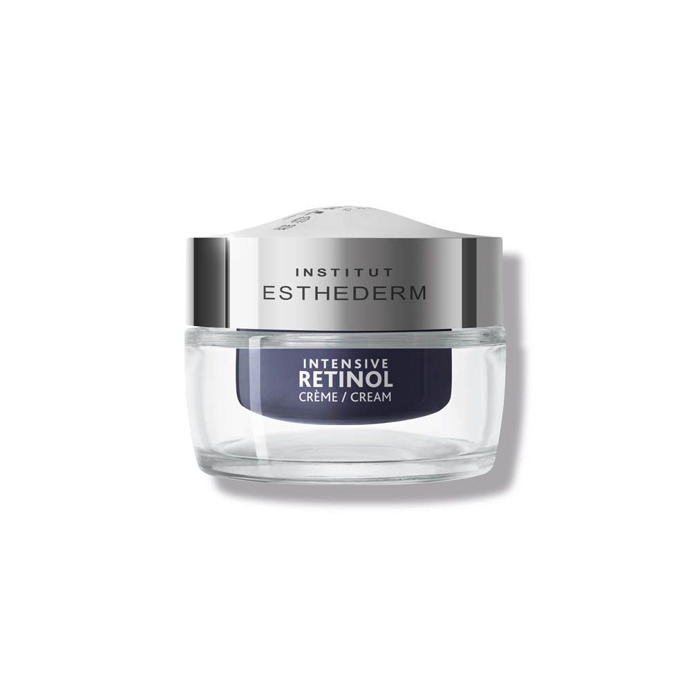 Transparante crèmepot met zilveren deksel. Opschrift: INTENSIVE RETINOL CRÈME/CREAM.