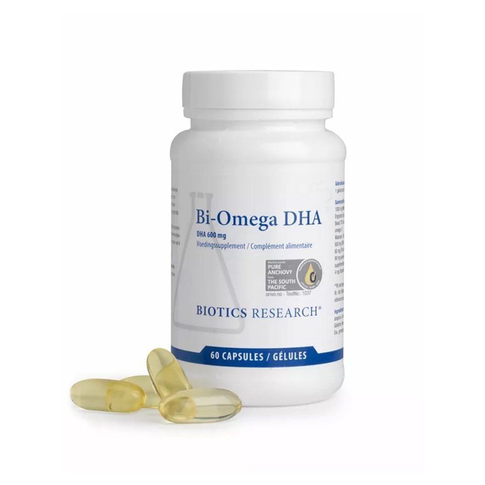 Fles Bi-Omega DHA met focus op het etiket en het aantal capsules.