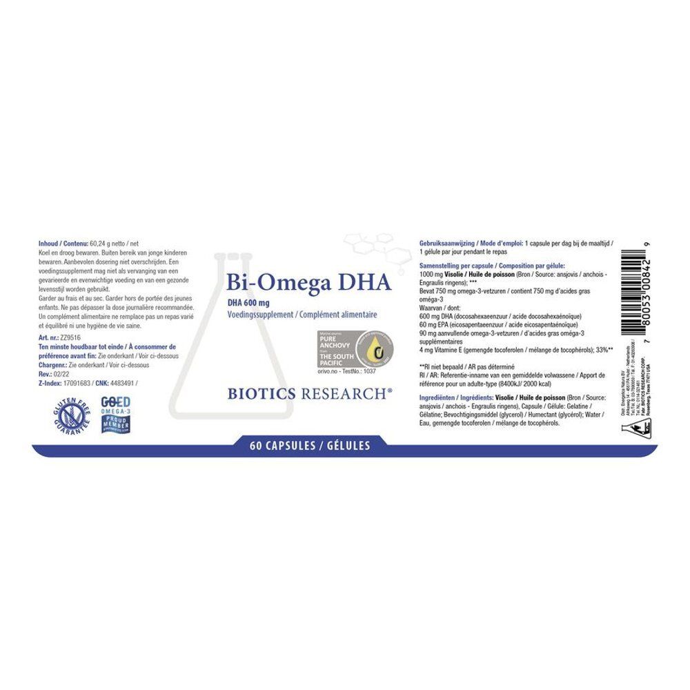 Achterkant van een fles Bi-Omega DHA met gedetailleerde informatie.