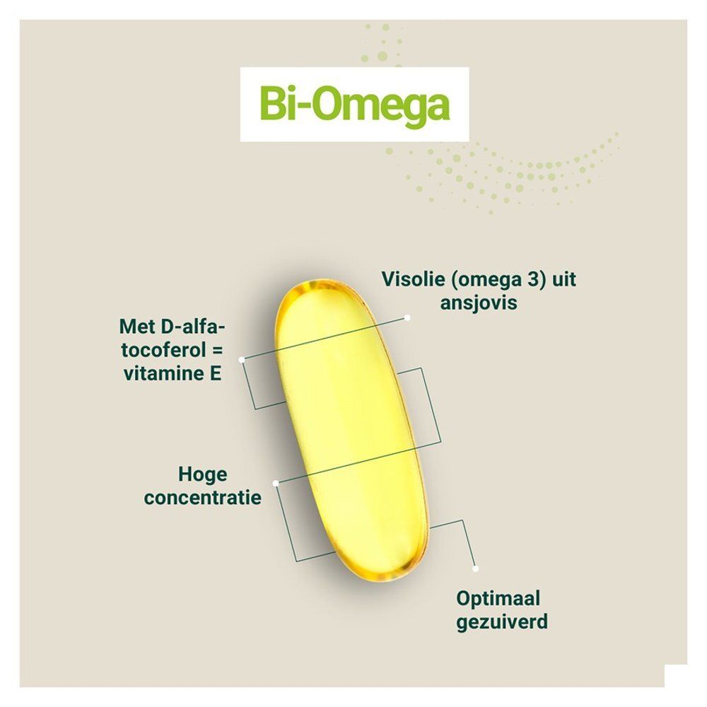 Fles Bi-Omega DHA met focus op het etiket en het aantal capsules.