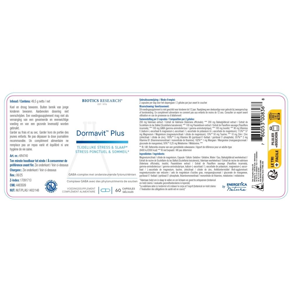 Verpakking met capsules. Opschrift: Dormavit Plus, 60 capsules. Tekst: Stress & Slaap. Informatie en logo's.