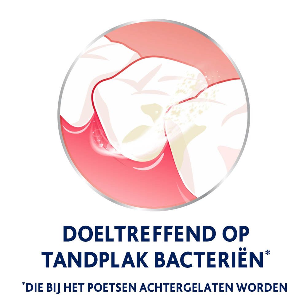 Illustratie: bacteriën worden van tanden verwijderd. Tekst: Effectief tegen tandplakbacteriën.