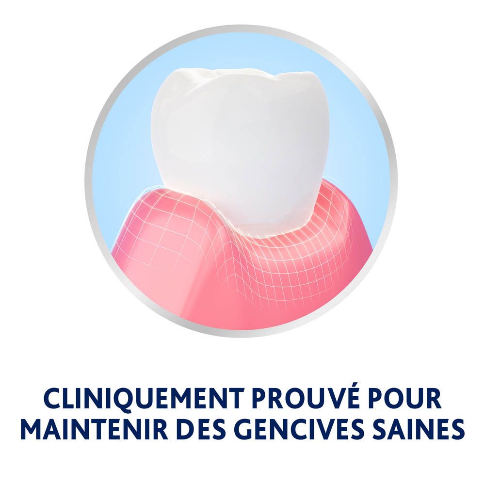 Illustration : dent et gencive. Texte : Cliniquement prouvé pour maintenir des gencives saines.