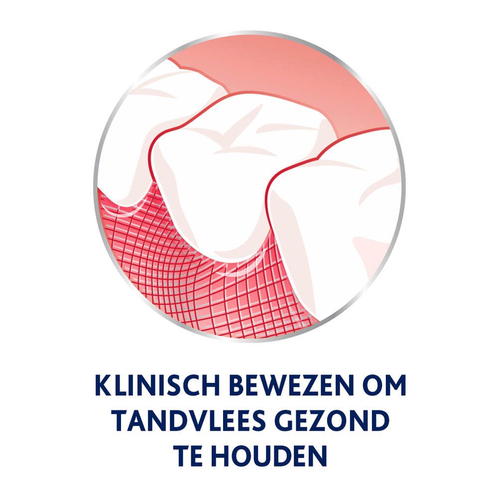 Illustratie: tand en tandvlees. Tekst: Klinisch bewezen om tandvlees gezond te houden.