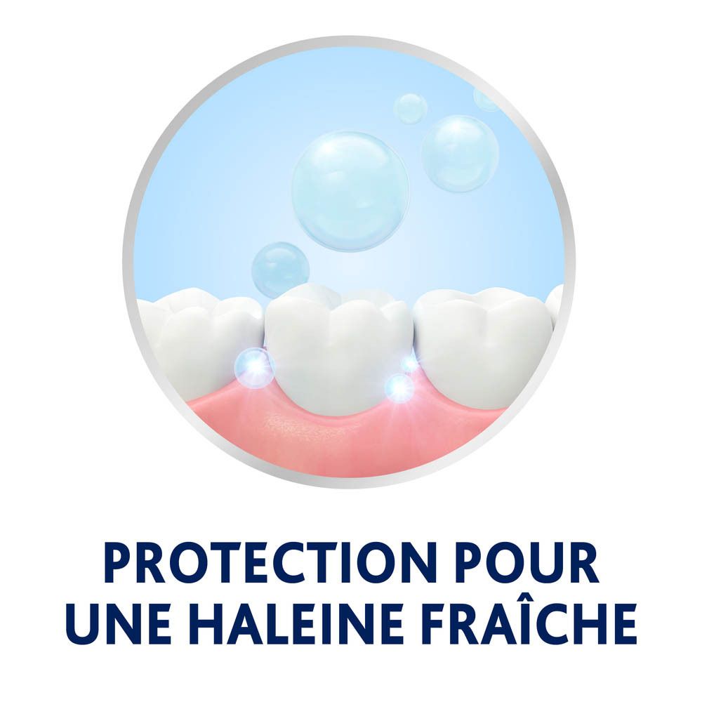 Illustration : dents et bulles. Texte : Protection pour une haleine fraîche.