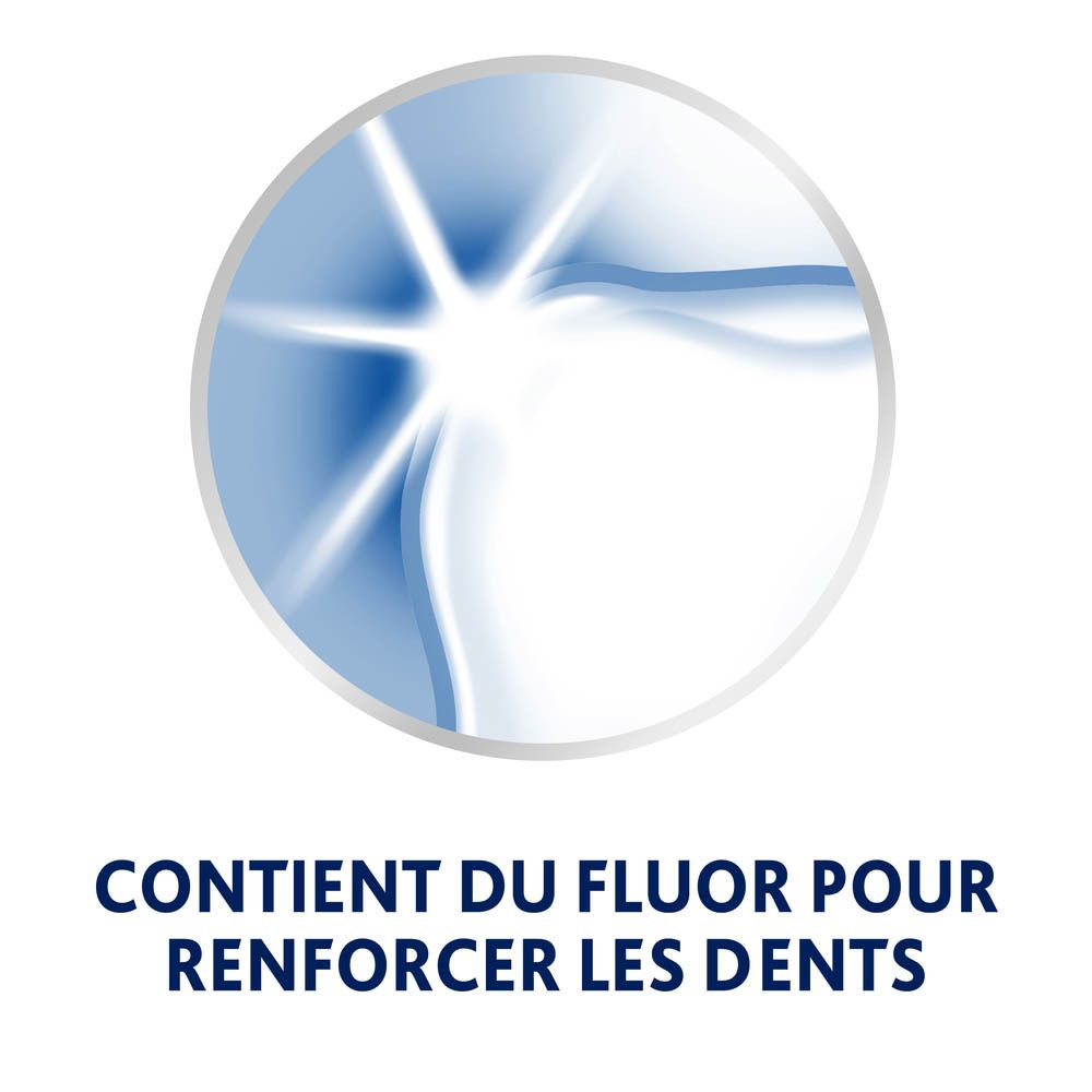 Illustration : dent avec rayons lumineux. Texte : Contient du fluor pour renforcer les dents.