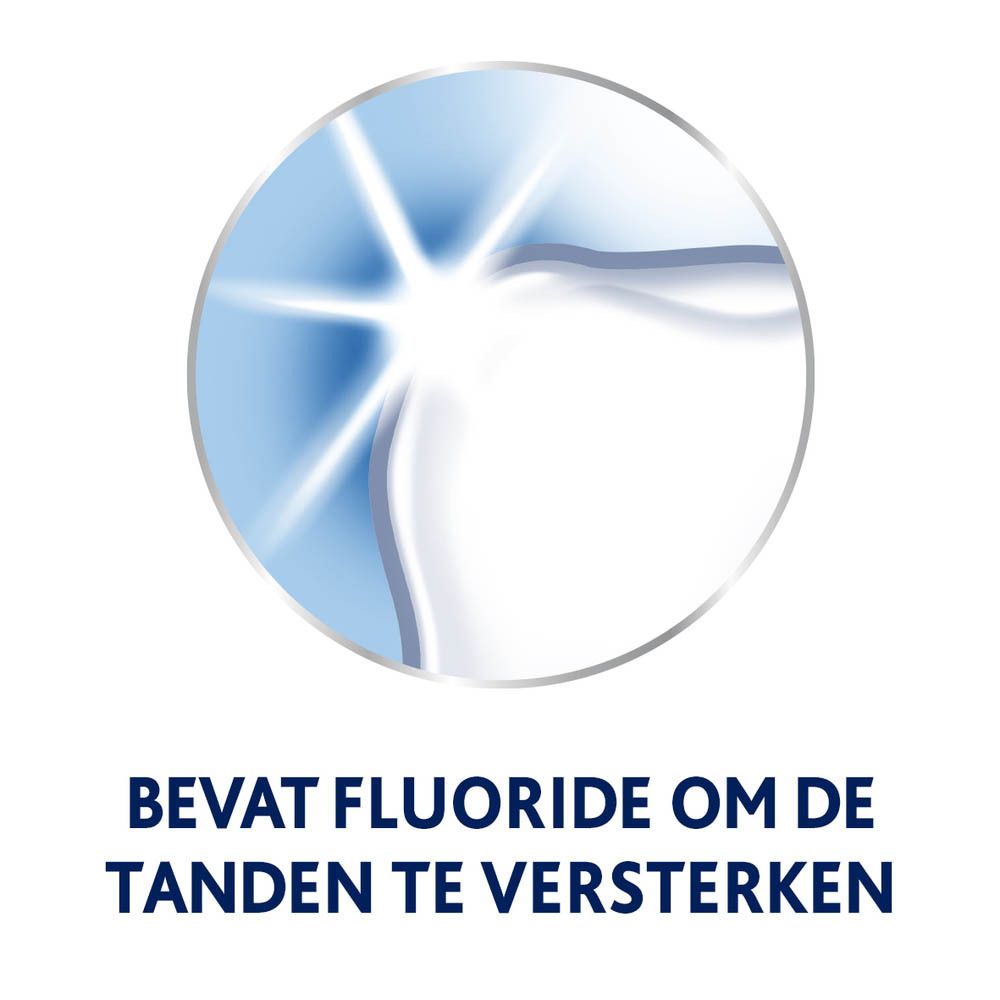 Illustratie: tand met lichtstralen. Tekst: Bevat fluoride om de tanden te versterken.