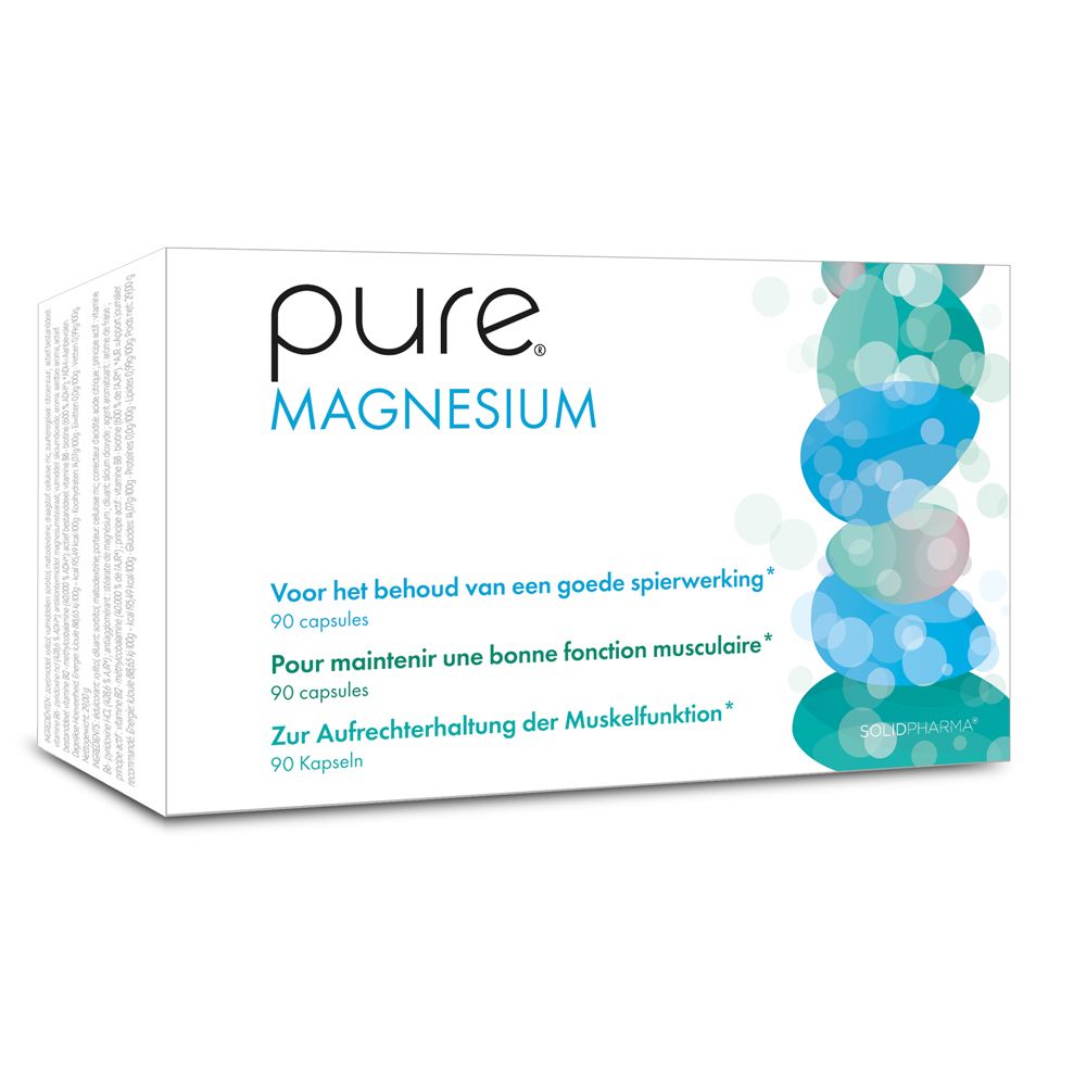 Witte doos met 'pure Magnesium'-logo en gekleurde stenen. Tekst in het Duits, Nederlands en Frans.