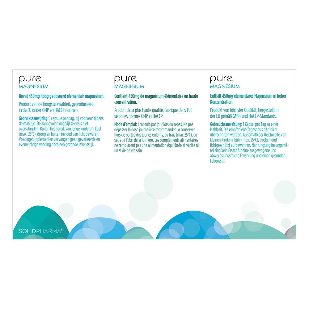 Twee 'pure Magnesium'-dozen met pijlen en tekst. Bruine achtergrond. Tekst in het Frans.