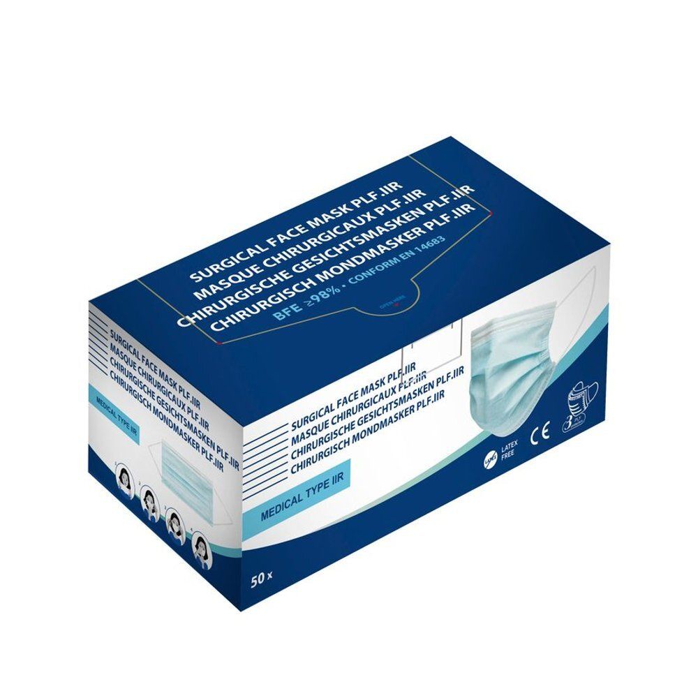 Doos met 50 blauwe chirurgische maskers, Type IIR, latexvrij, CE-gecertificeerd.