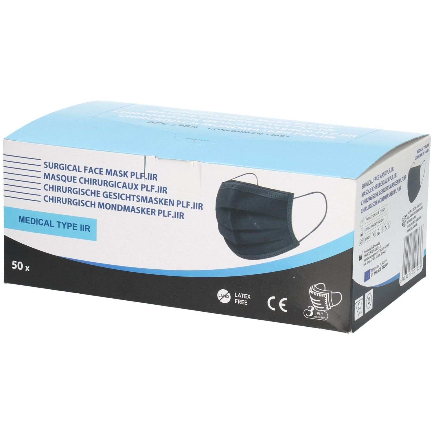 Boîte de masques chirurgicaux noirs. Inscription: Medical Type IIR, 50 pièces. Marquage CE.