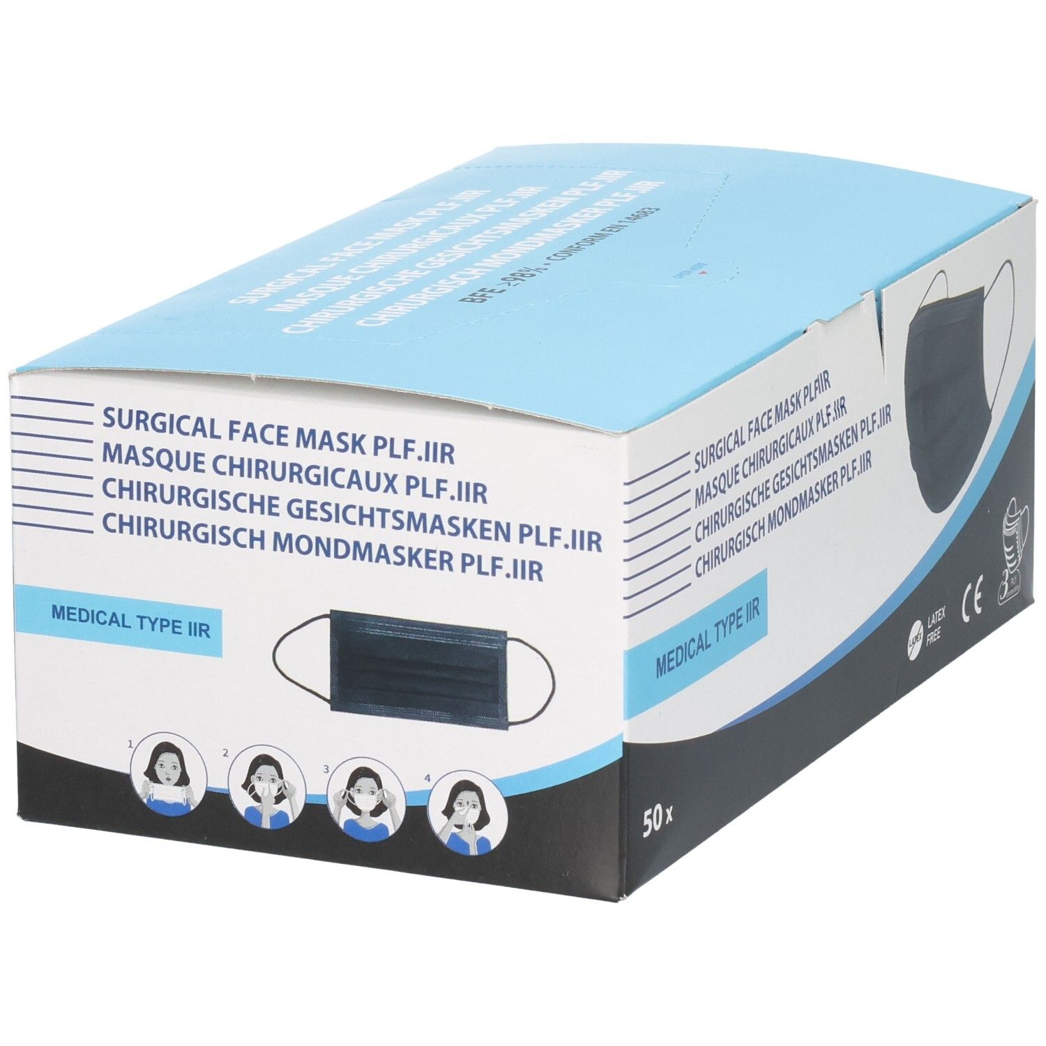 Boîte de masques chirurgicaux noirs. Inscription: Medical Type IIR, 50 pièces. Illustrations de visages.