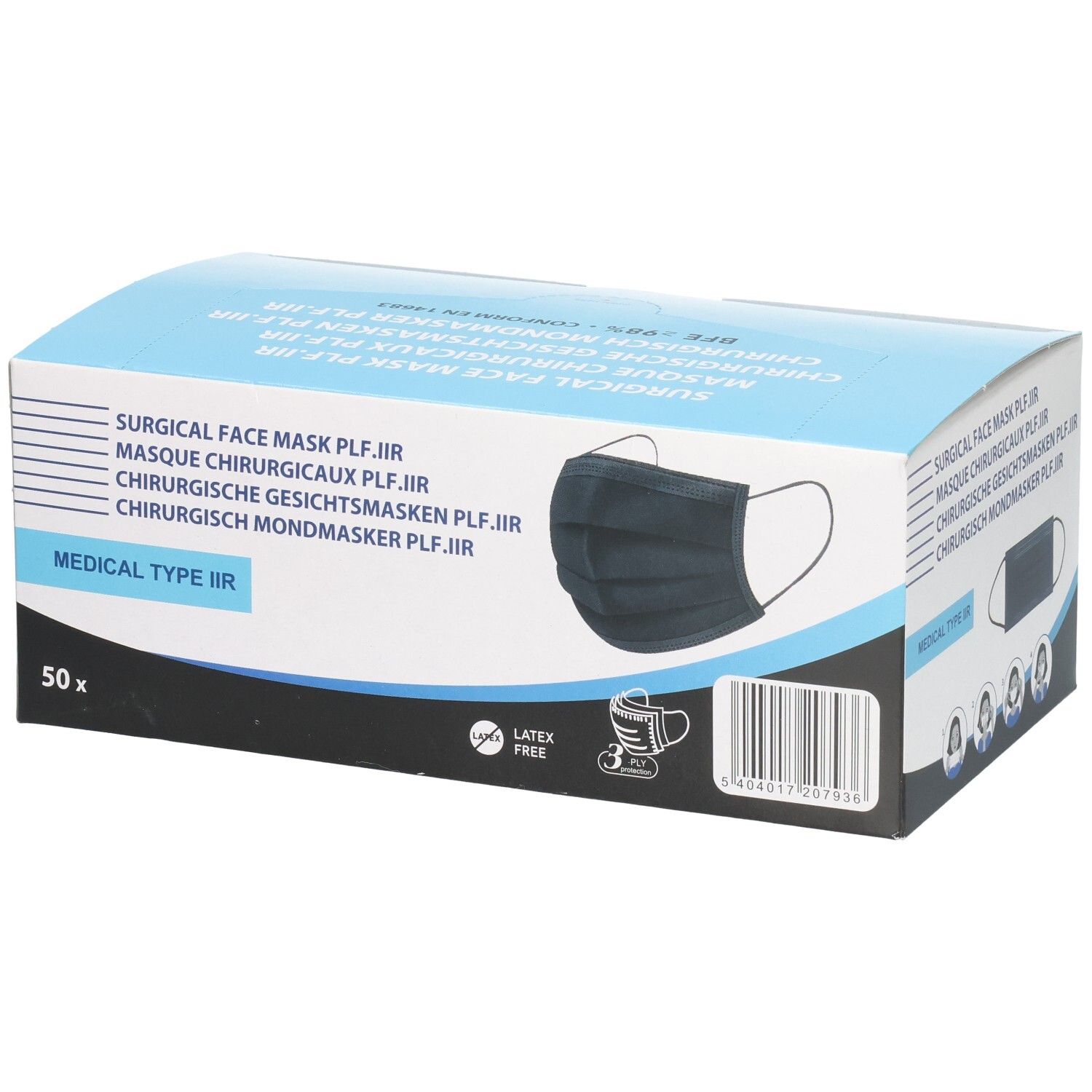 Boîte de masques chirurgicaux noirs. Inscription: Medical Type IIR, 50 pièces. Sans latex.