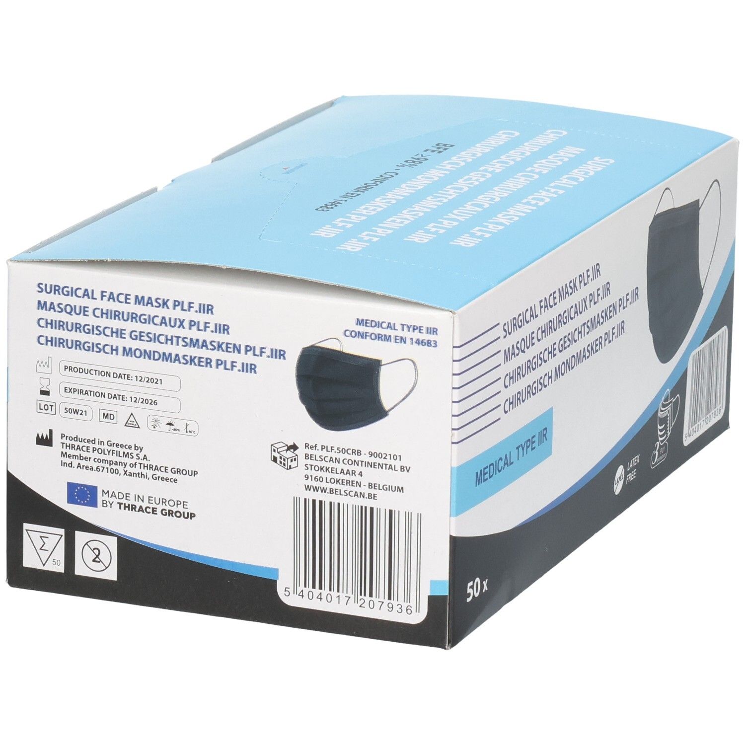 Boîte de masques chirurgicaux noirs. Inscription: Medical Type IIR, 50 pièces. Marquage CE. Détails.