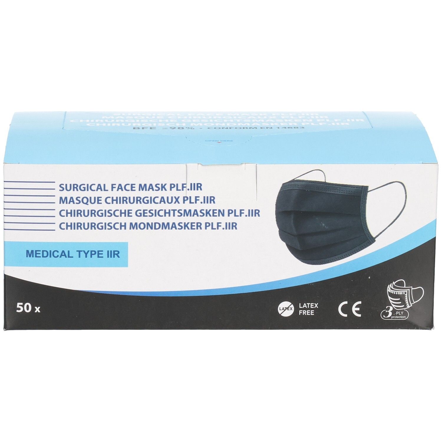 Boîte de masques chirurgicaux noirs. Inscription: Medical Type IIR, 50 pièces. Marquage CE. Sans latex.