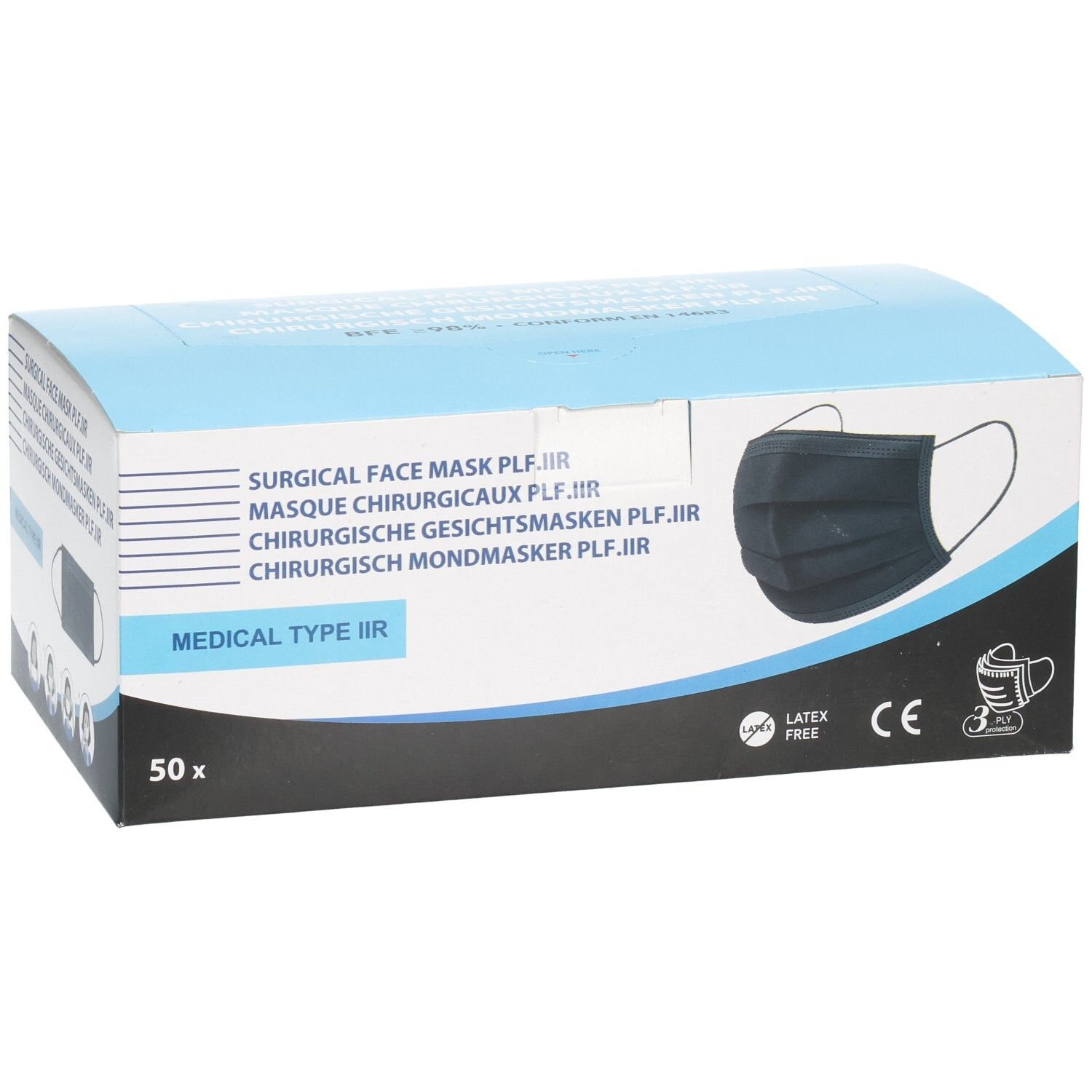 Boîte de masques chirurgicaux noirs. Inscription: Medical Type IIR, 50 pièces. Marquage CE. Sans latex.