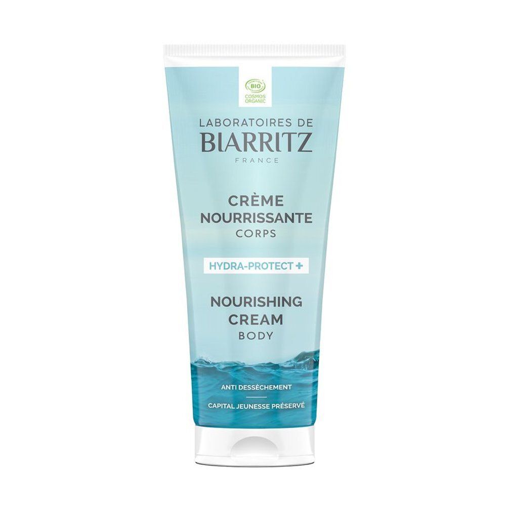 Tube de crème pour le corps. Marque Laboratoires de Biarritz. Emballage bleu et blanc. Texte: Hydra-Protect+ et Nourishing Cream Body.