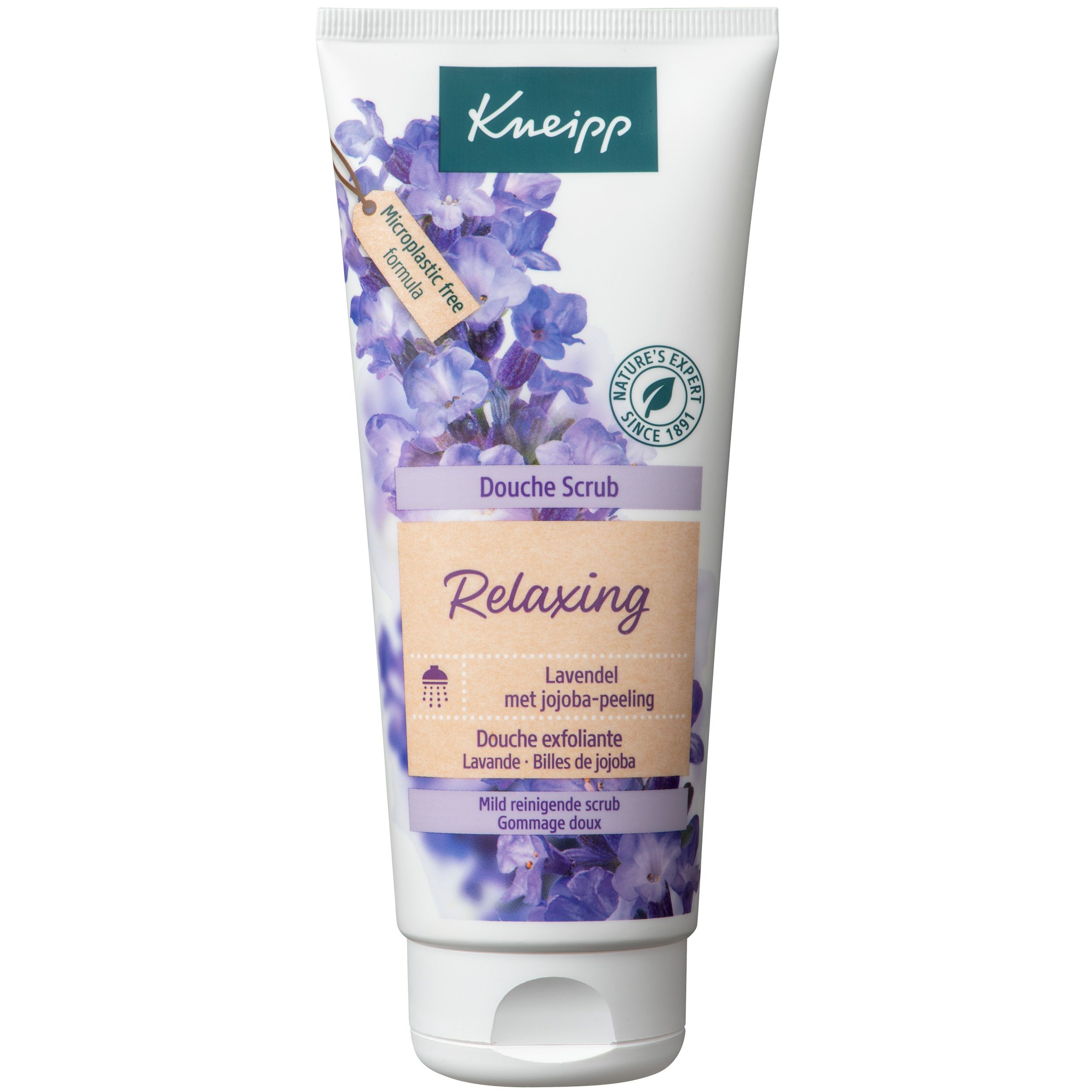 Witte tube met Kneipp-logo en lavendel-illustratie. Tekst: Douche Scrub Relaxing, Lavendel met jojoba-peeling. Keurmerk: Nature's Expert.