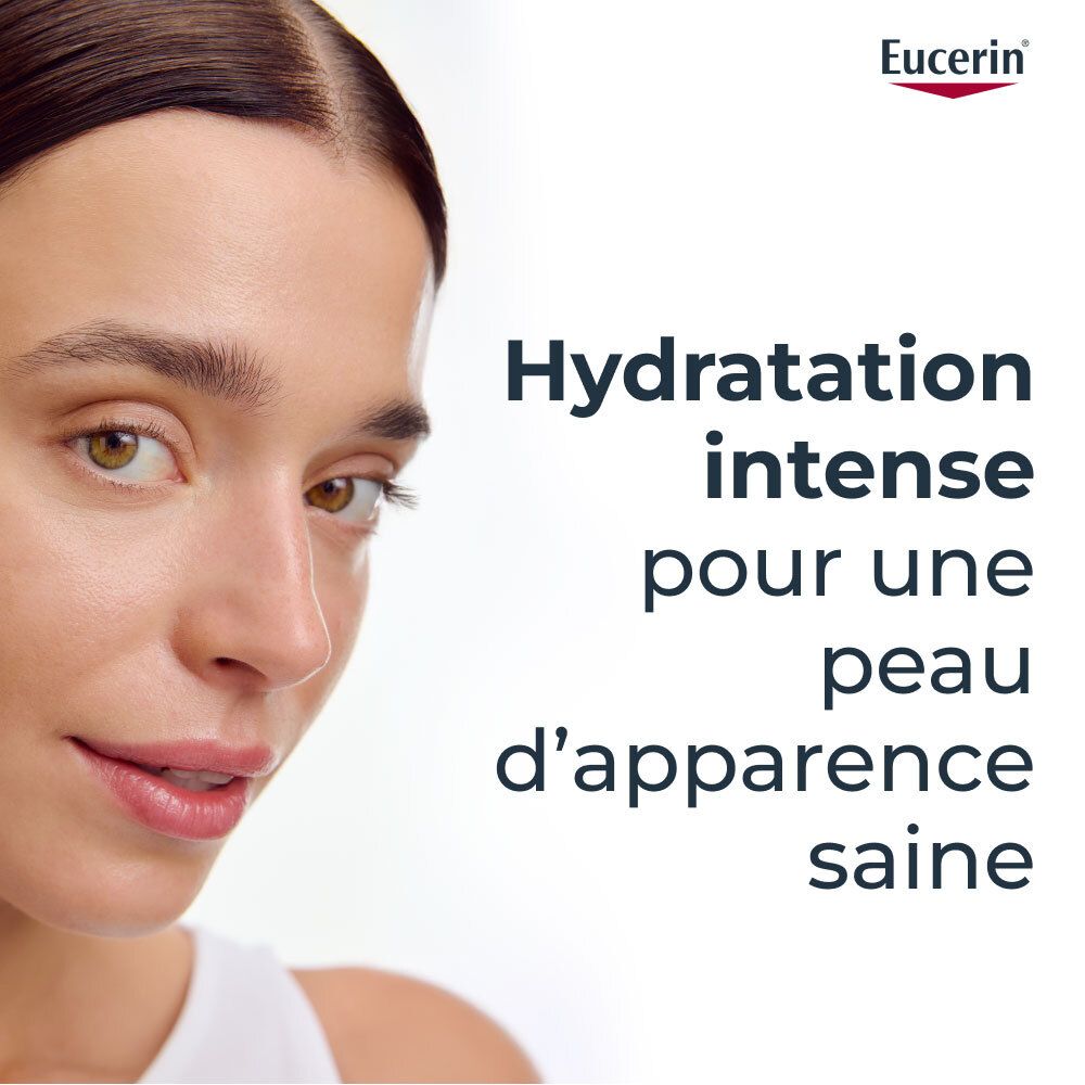 Eucerin-logo. Tekst: Hydratation intense pour une peau d'apparence saine.