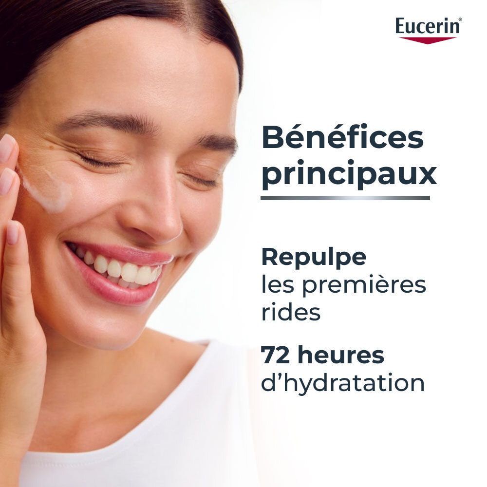 Eucerin-logo. Tekst: Bénéfices principaux. Repulpe les premières rides. 72 heures d'hydratation.
