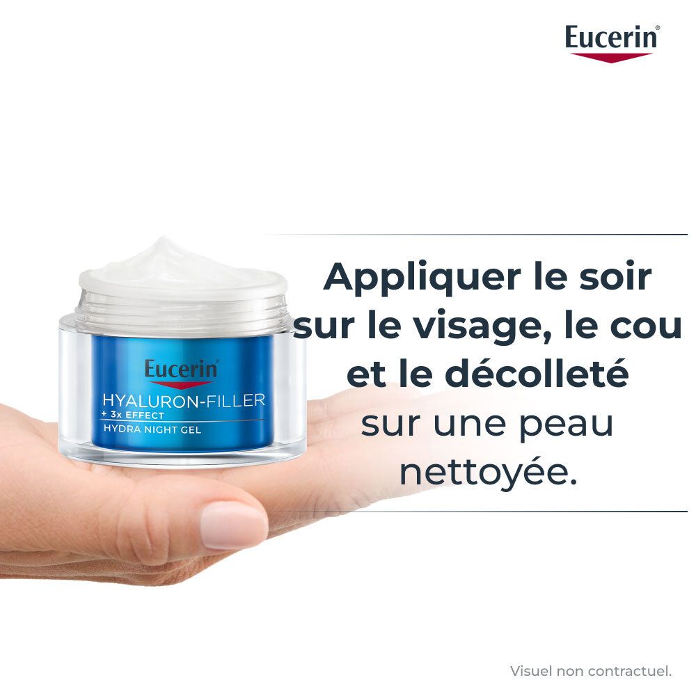 Hand houdt crème pot. Tekst: Appliquer le soir sur le visage, le cou et le décolleté sur une peau nettoyée.