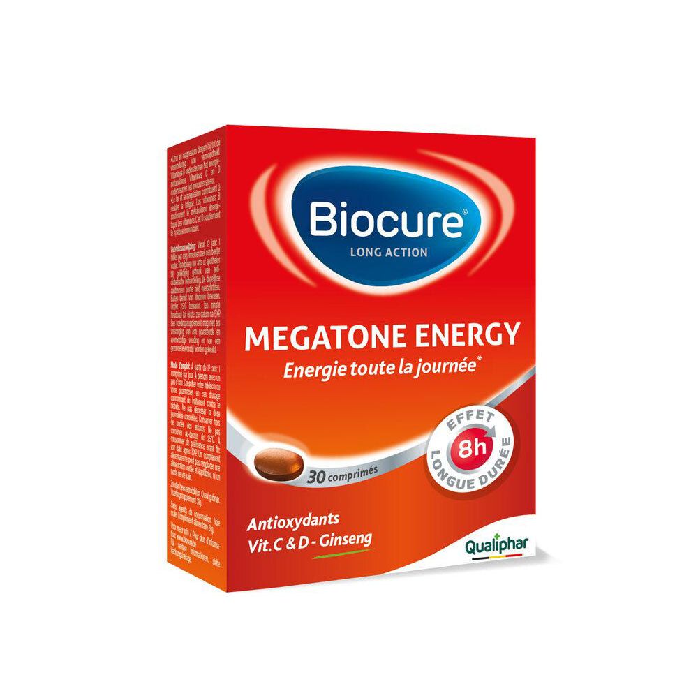 Boîte rouge Biocure Megatone Energy, 30 comprimés. Antioxydants, Vit. C & D, Ginseng. Logo Qualiphar.
