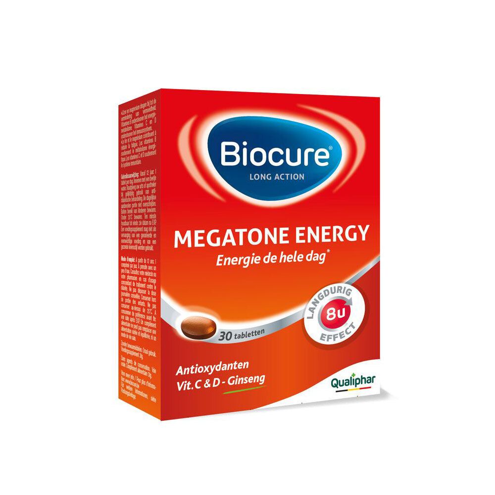 Rode doos Biocure Megatone Energy met 30 tabletten. Antioxidanten, Vit. C & D, Ginseng. Qualiphar-logo.