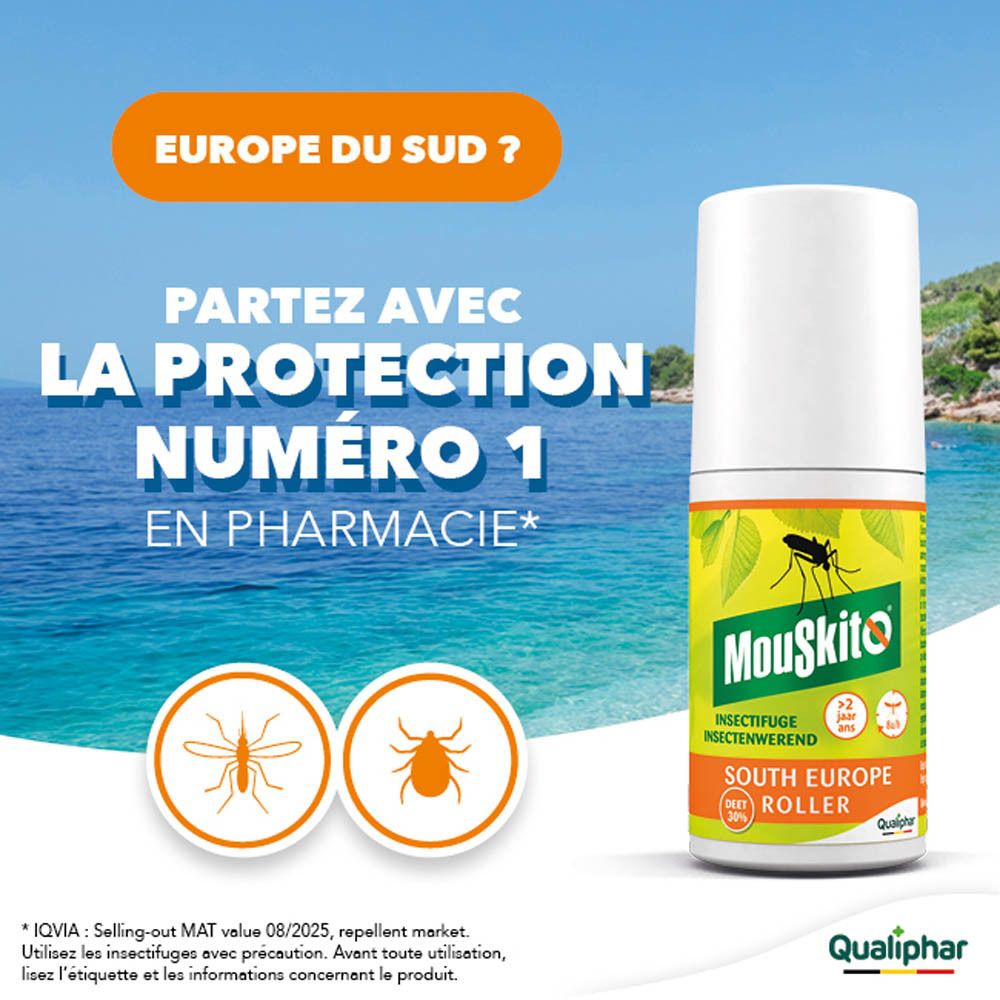 Mouskito South Europe Roller. Publicité avec motif de plage, texte 'Protection numéro 1'.