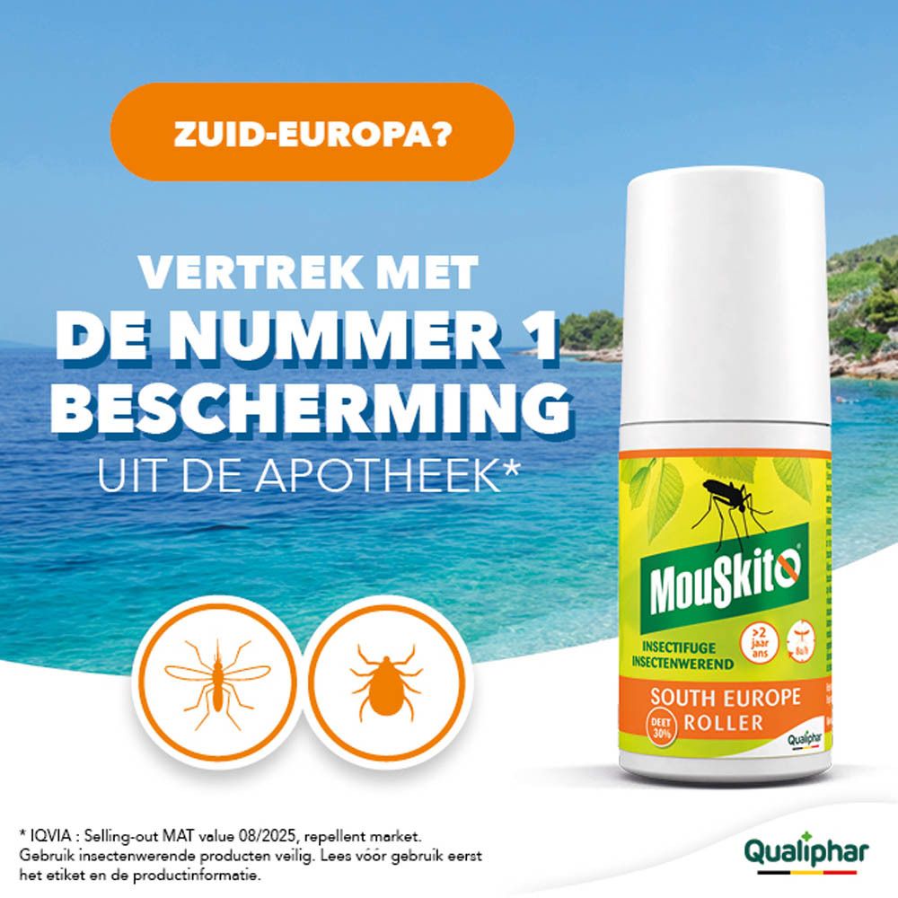 Mouskito South Europe Roller. Reclame met strandmotief, tekst 'Zuid-Europa? Vertrek met nummer 1'.