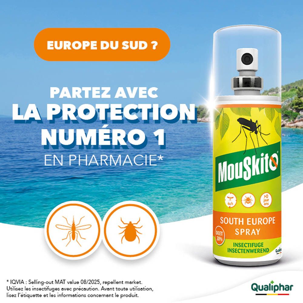Mouskito South Europe Spray avec 30% DEET, spray anti-insectes dans une bouteille blanche avec capuchon transparent.