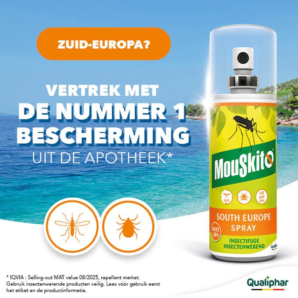 Mouskito South Europe Spray met 30% DEET, insectenspray in witte fles met transparante dop.