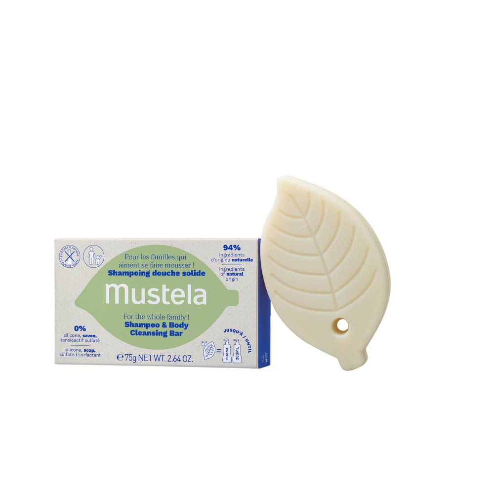 Mustela verpakking en zeep in blad vorm. Productnaam en ingrediënten.